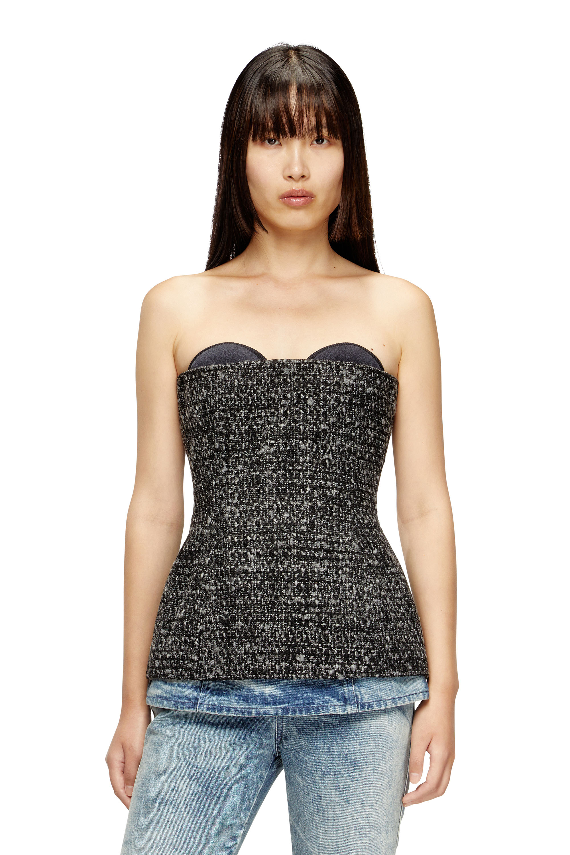 T-ORSET, Black Diesel - T-ORSET, Woman's Bouclé corset top with ultra-low cut in Black - 3