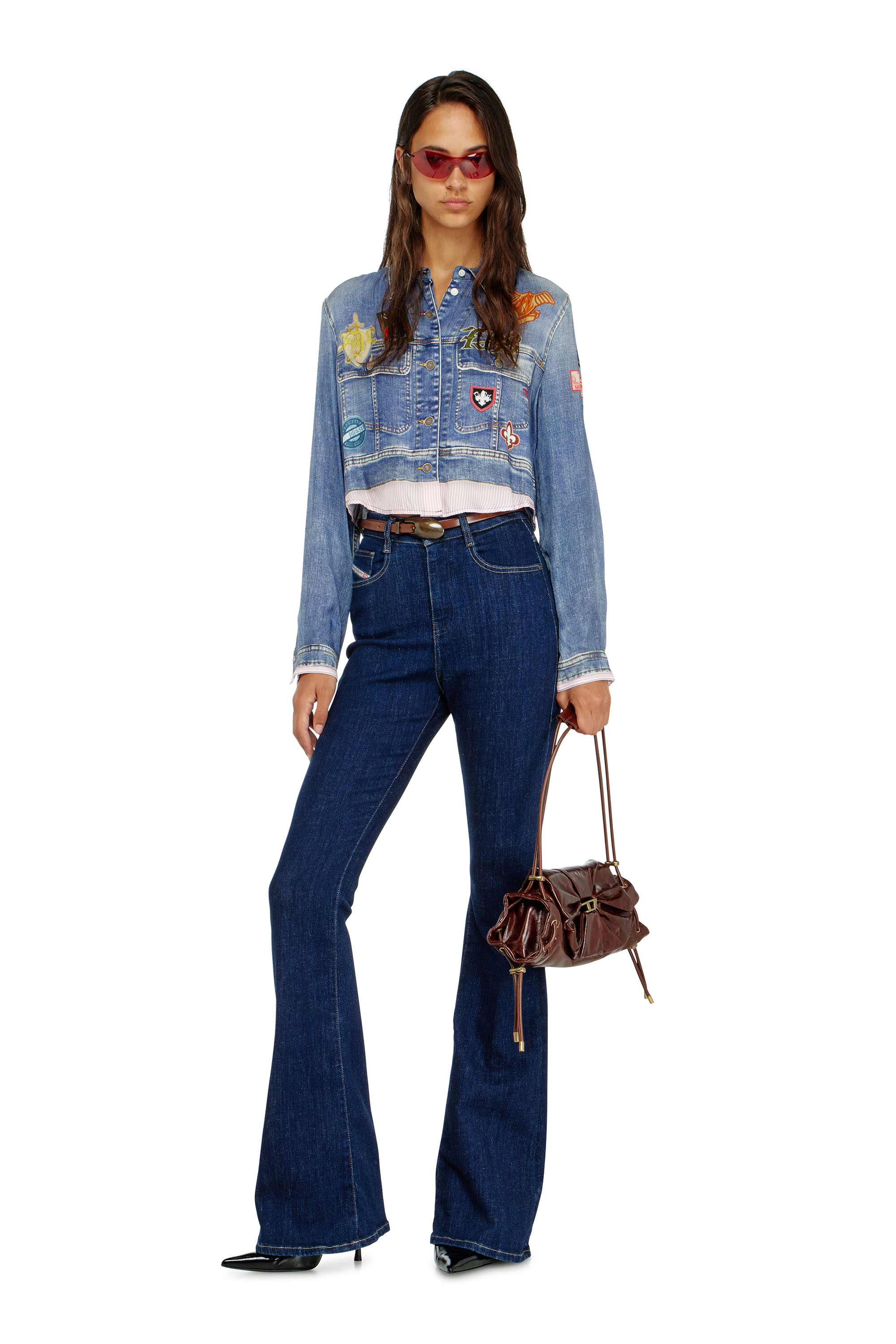 Diesel - C-LONE, Woman's Cropped satin shirt with trompe-l&rsquo;oeil denim print in null - 2