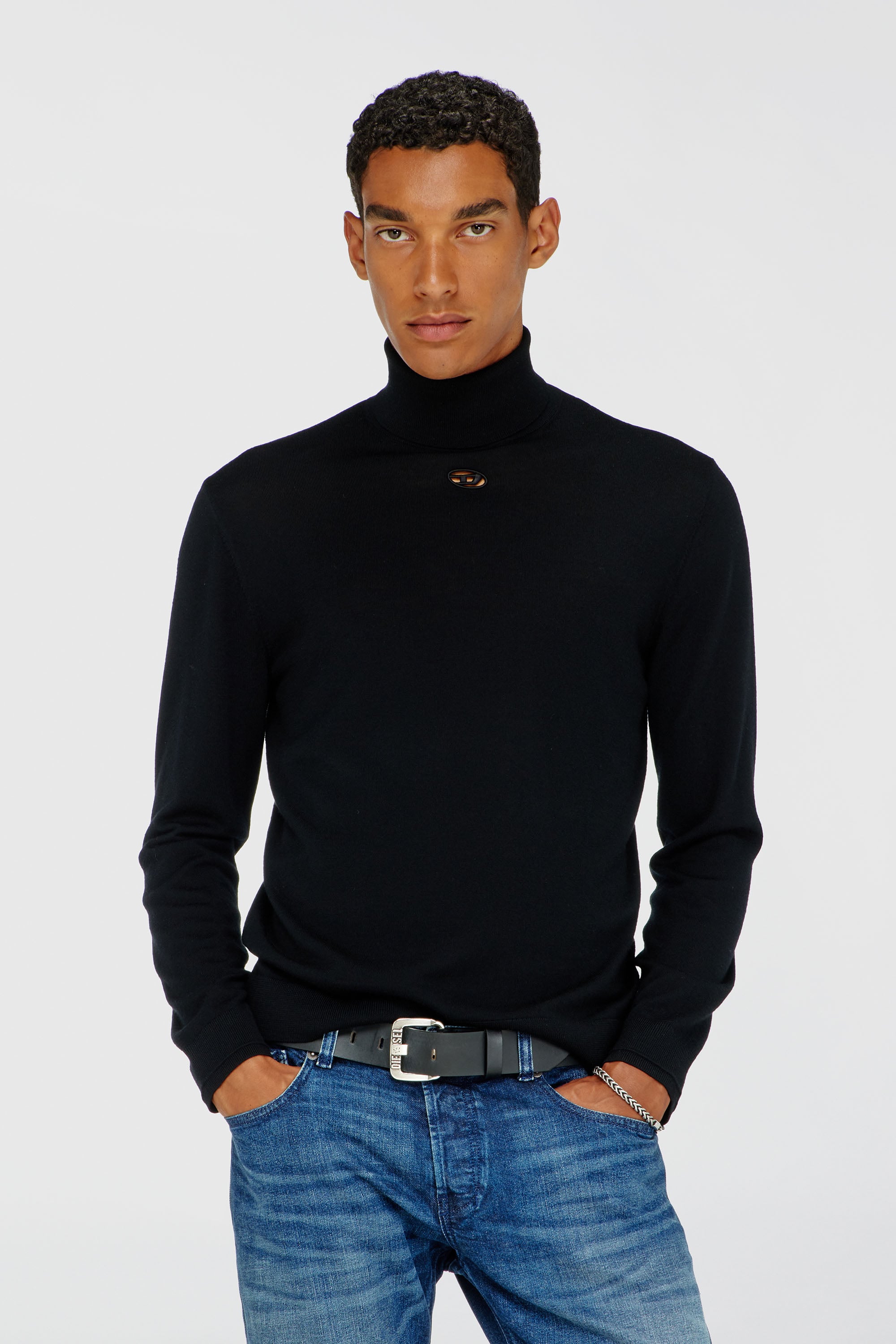 Diesel - K-VARTA, Man's Wool turtleneck jumper with cut-out logo in Black - 3