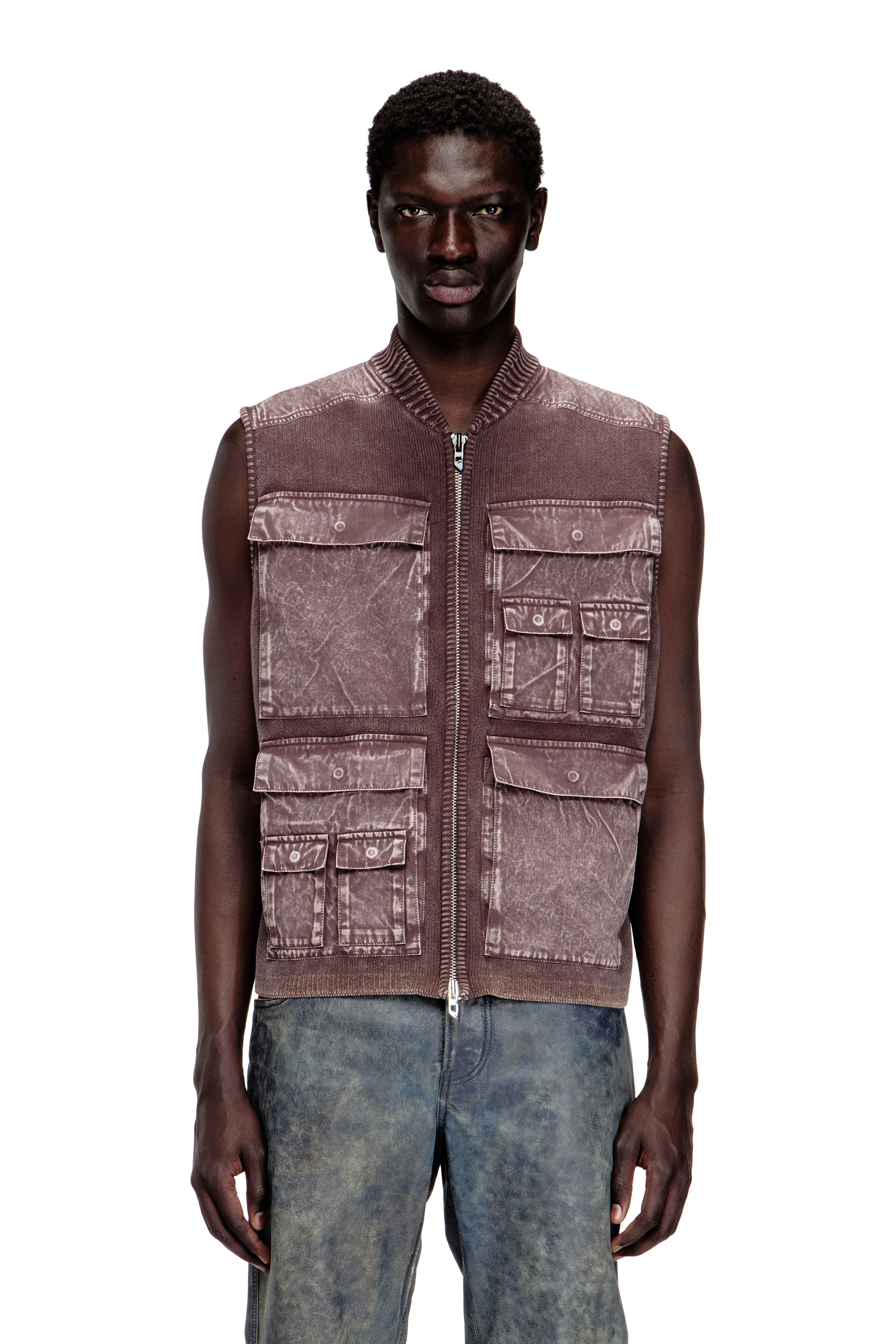 Diesel - K-GIULIUS, Man's Zip-up knitted vest with cargo pockets in Brown - 3