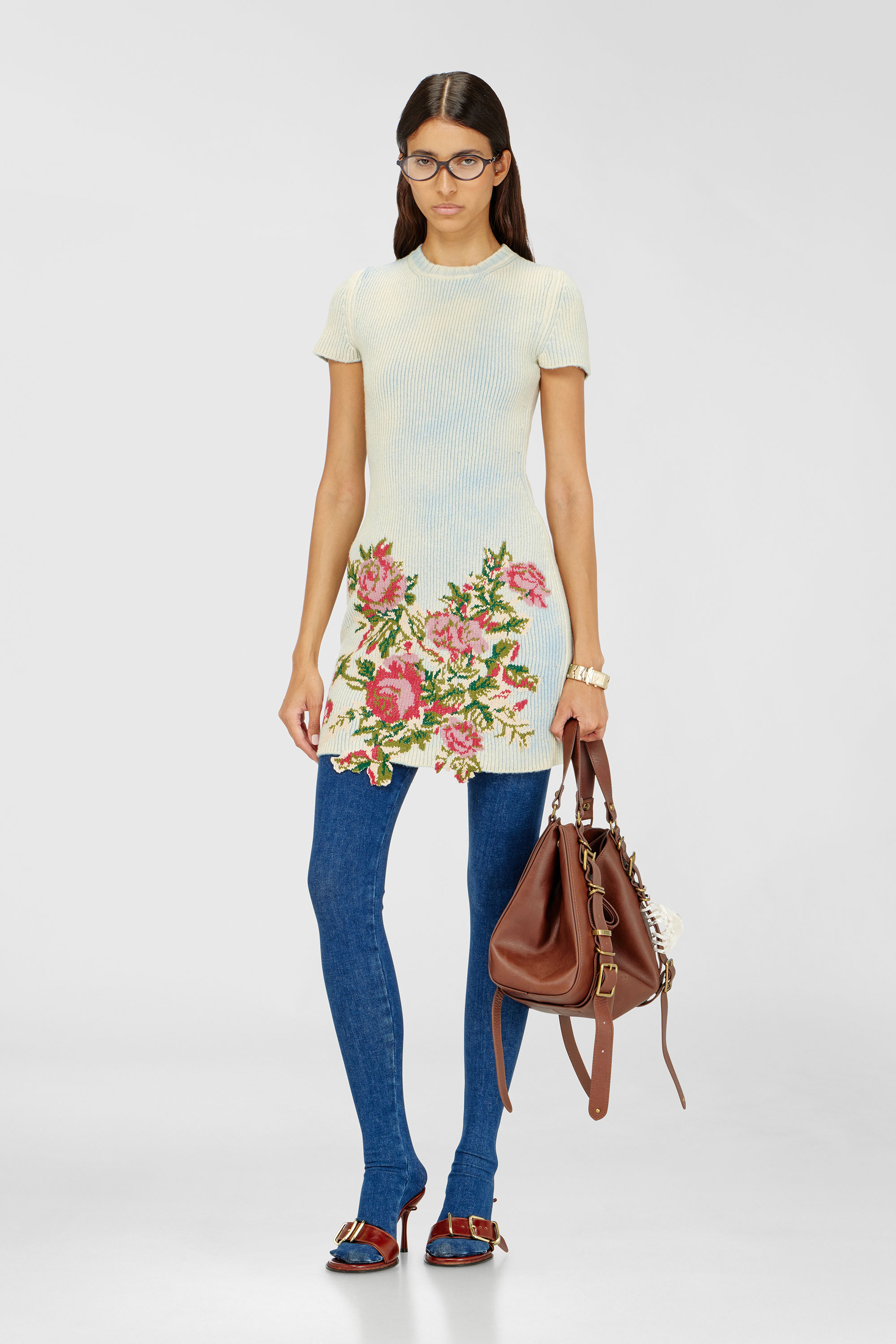 Diesel - M-RINNIE, Woman's Short dress in floral wool-blend knit in Pink/Blue - 1