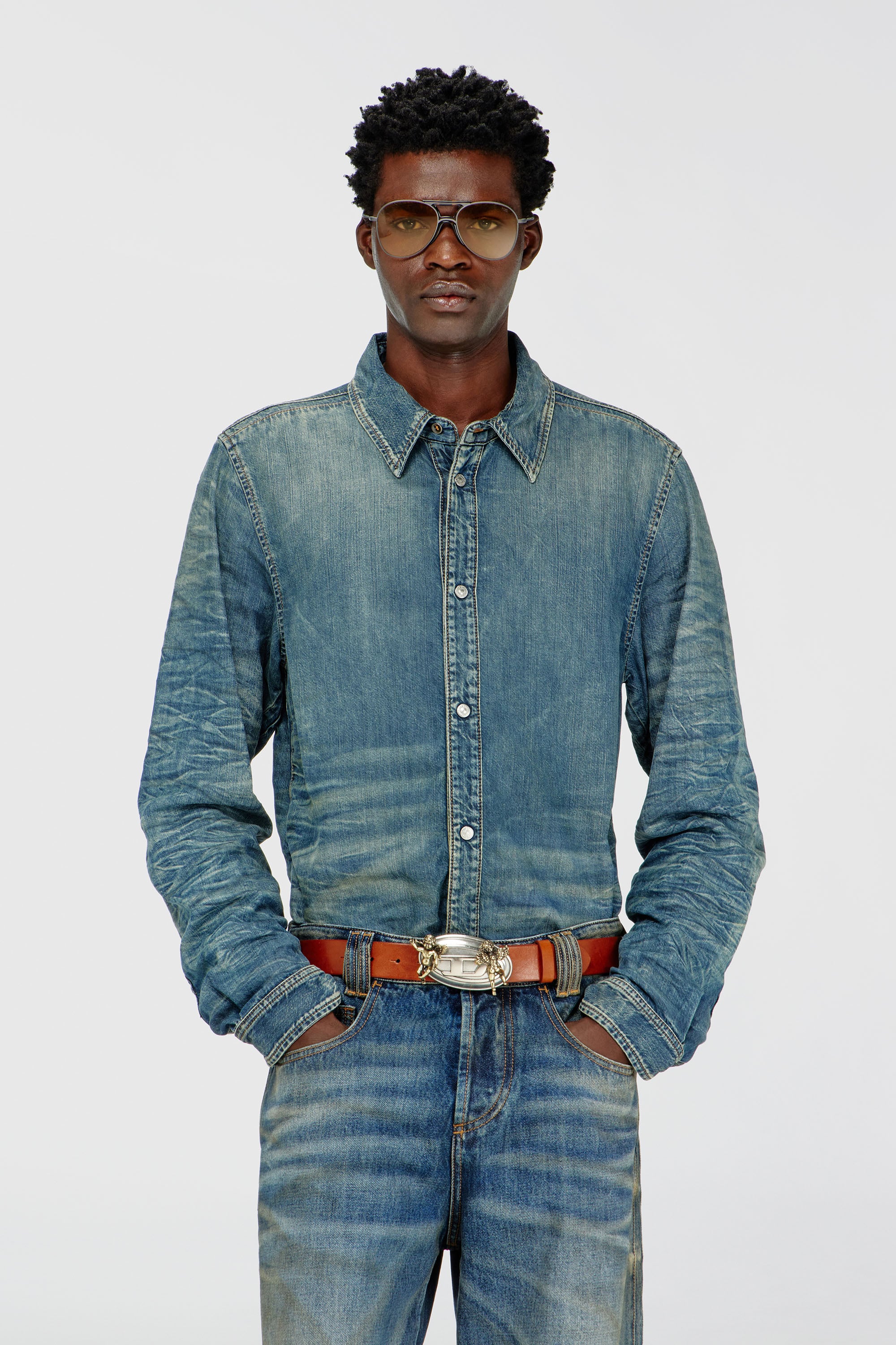 Diesel - D-SYNAR-FSJ4, Man's Shirt in dirty-effect creased denim in null - 2