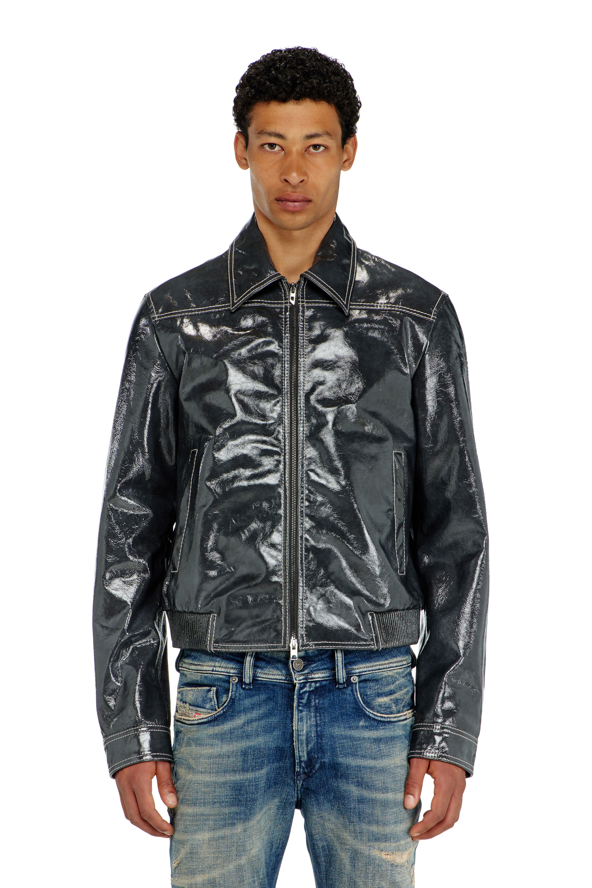 Diesel - L-ADDI, Man's Patent-leather jacket in Dark grey - 1