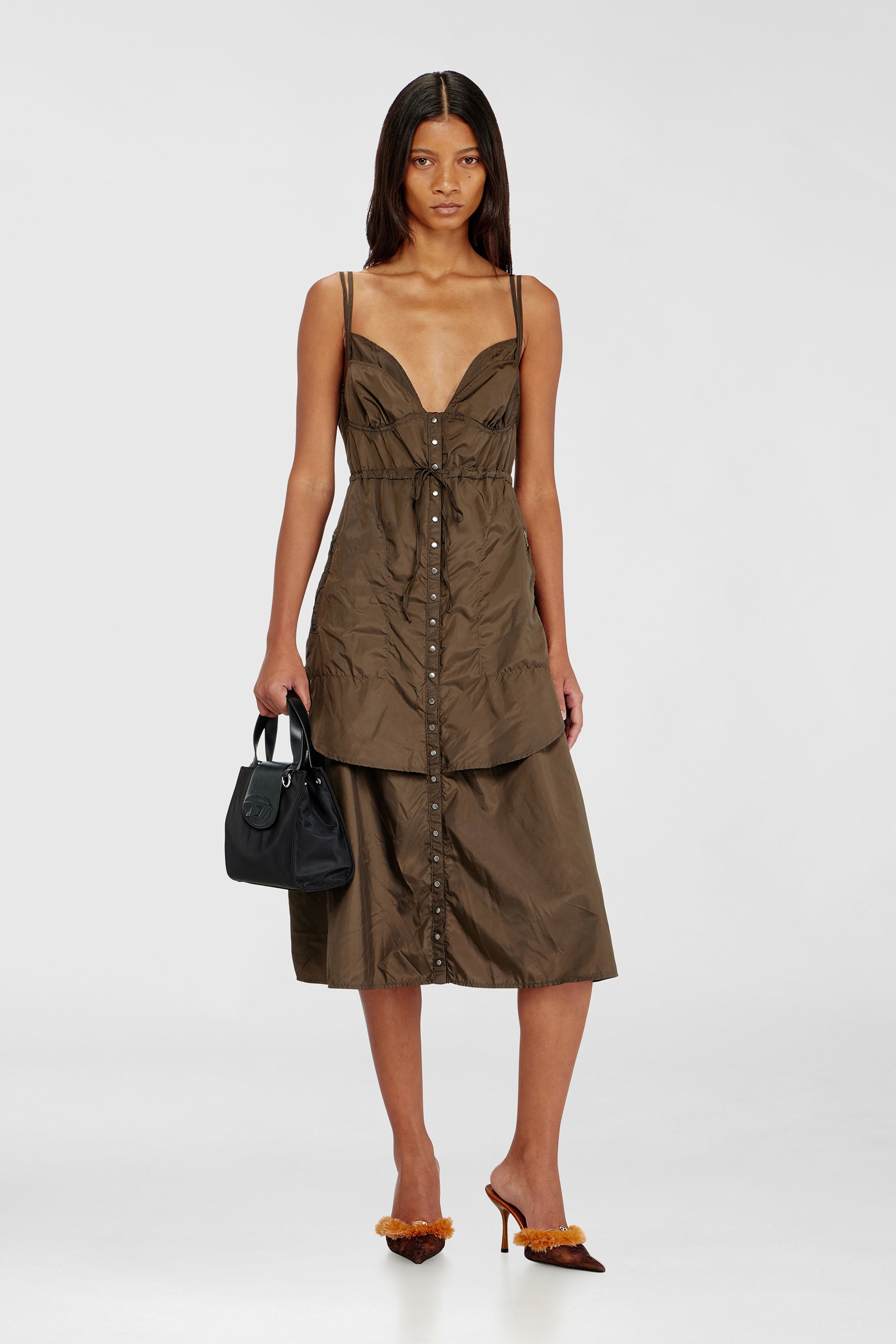 Diesel - D-OROTEA-T1, Woman's Lightweight nylon dress with layered design in Brown - 1