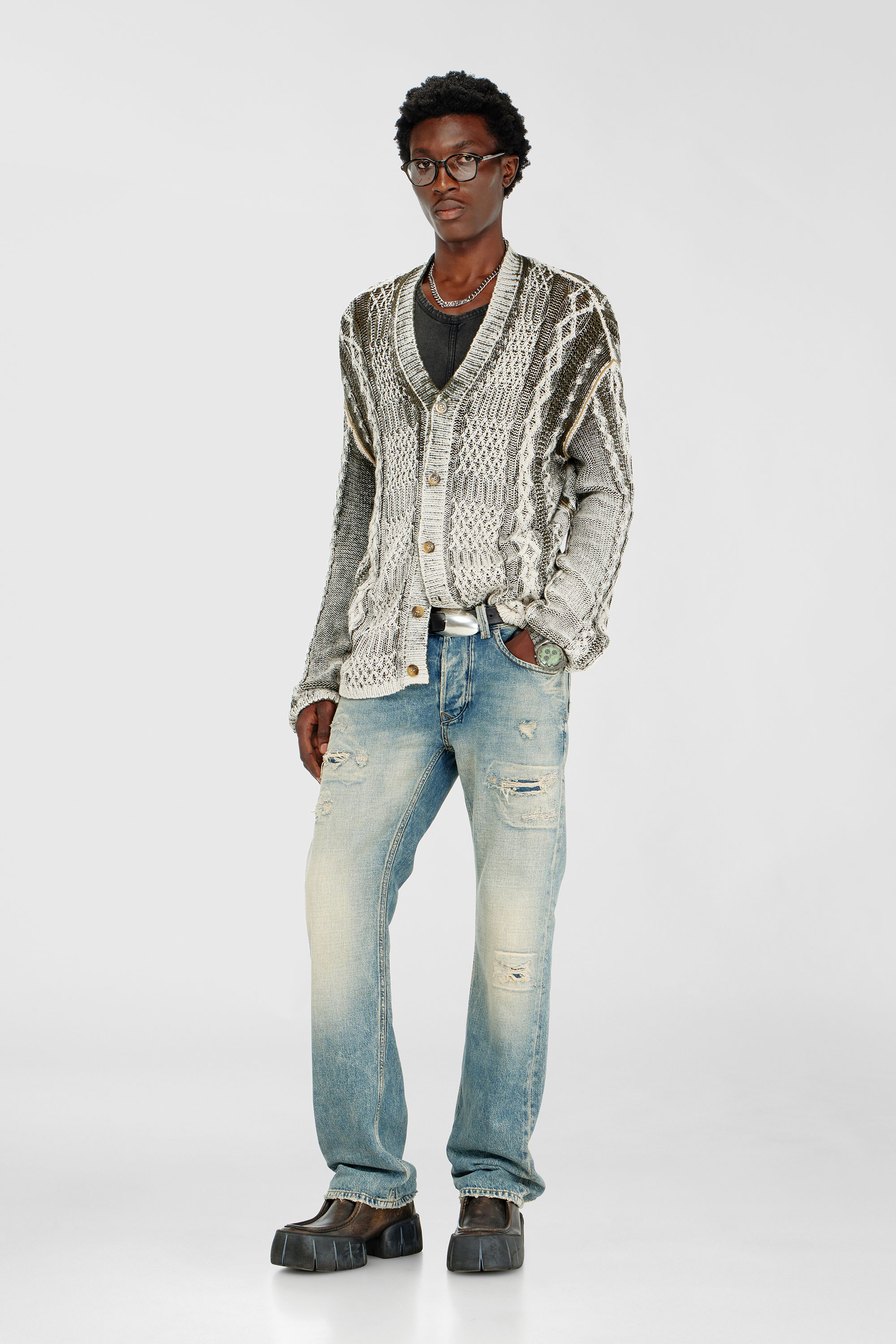 Treated cable-knit cardigan