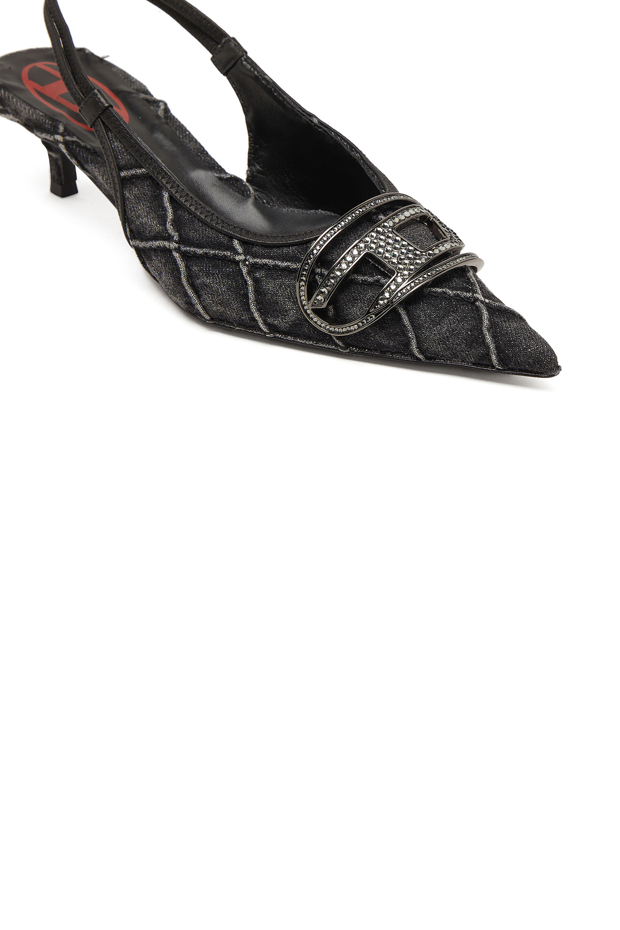 Diesel - D-VENUS SB 40, Woman's D-Venus-Crystal-logo quilted-denim slingback pumps in Black - 6