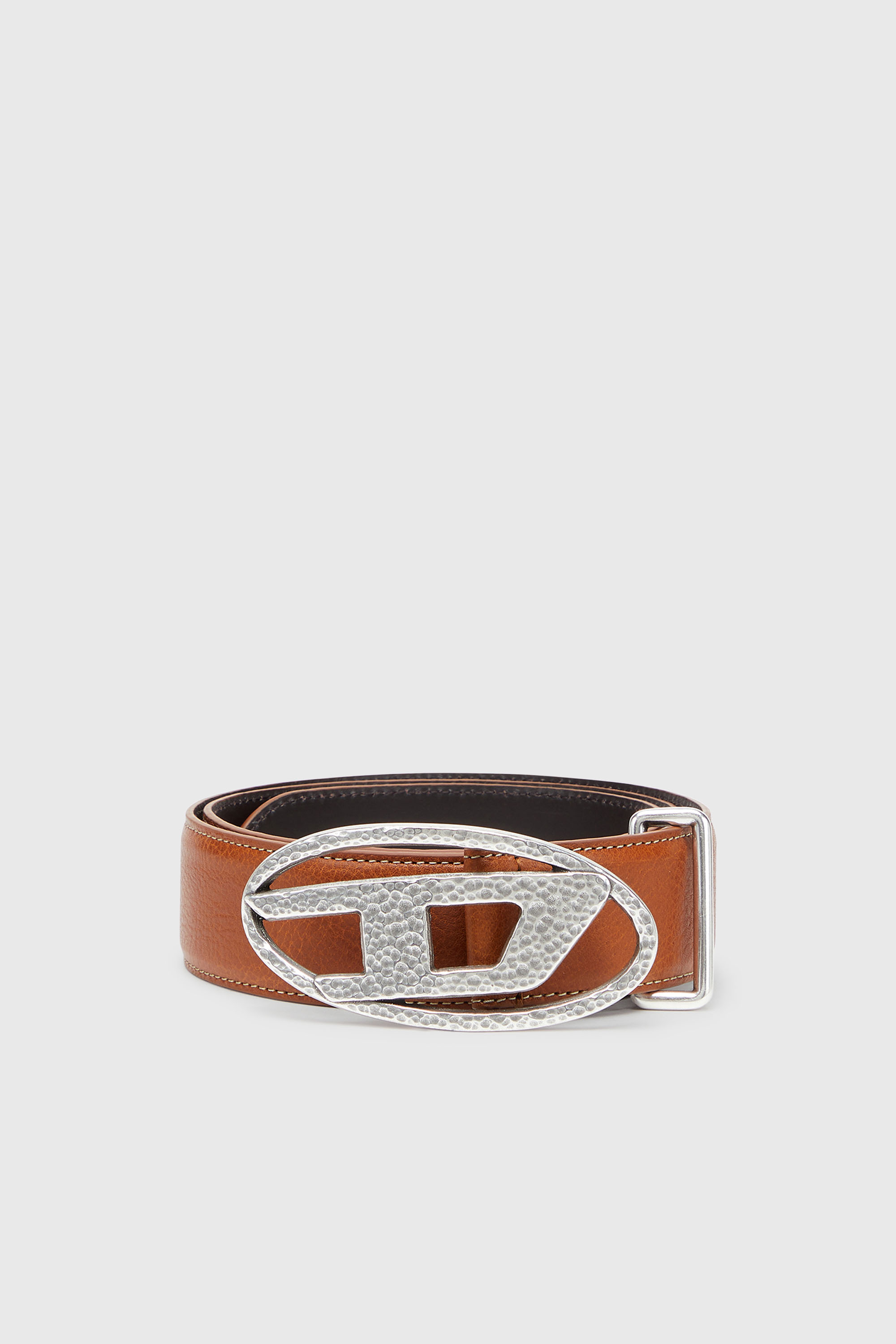Diesel - B-1DR, Unisex's 4cm leather belt with hammered Oval D buckle in Brown - 1