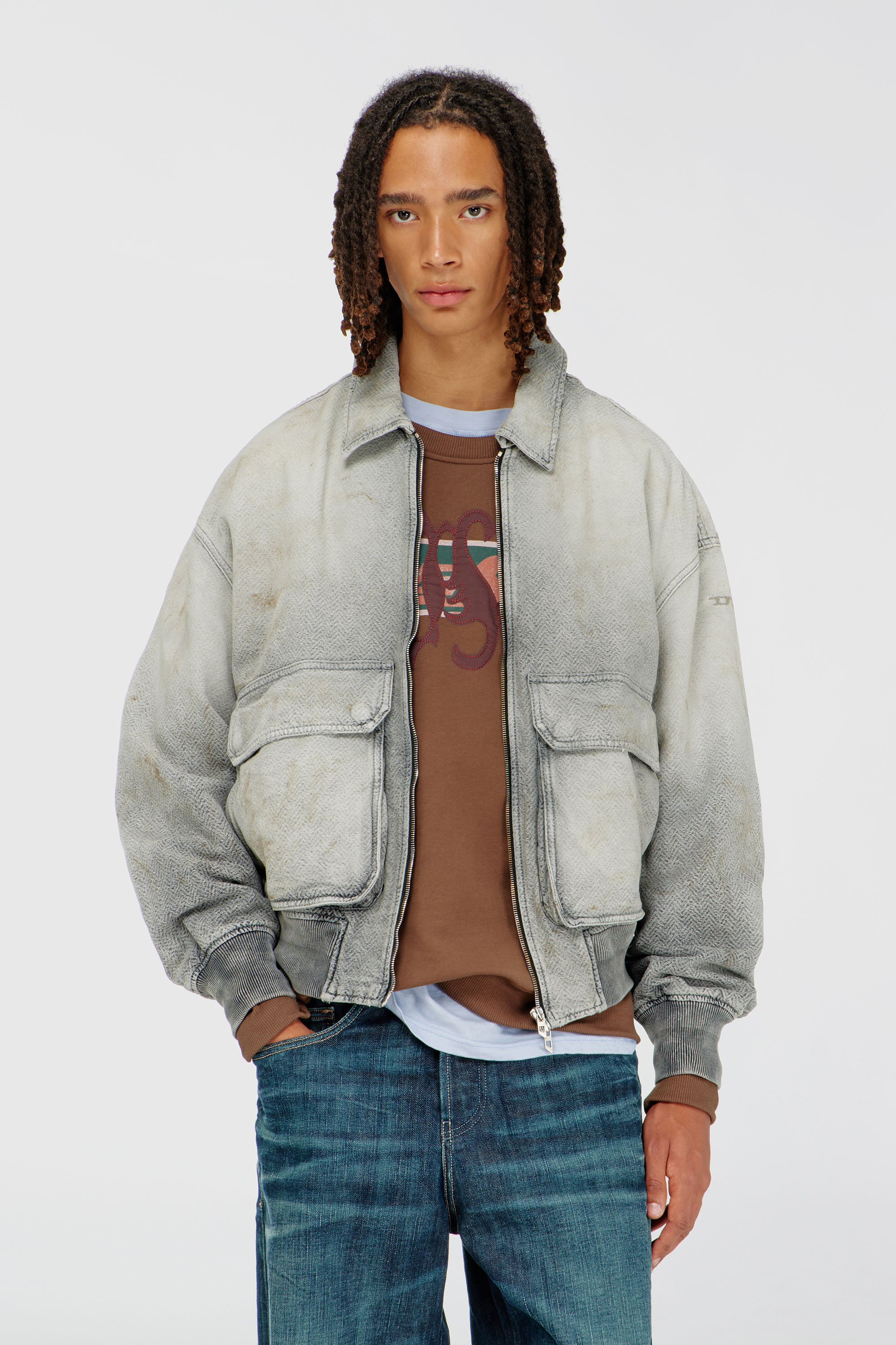 Diesel - D-KURZ, Unisex's Jacket in distressed herringbone denim in Light Grey - 1