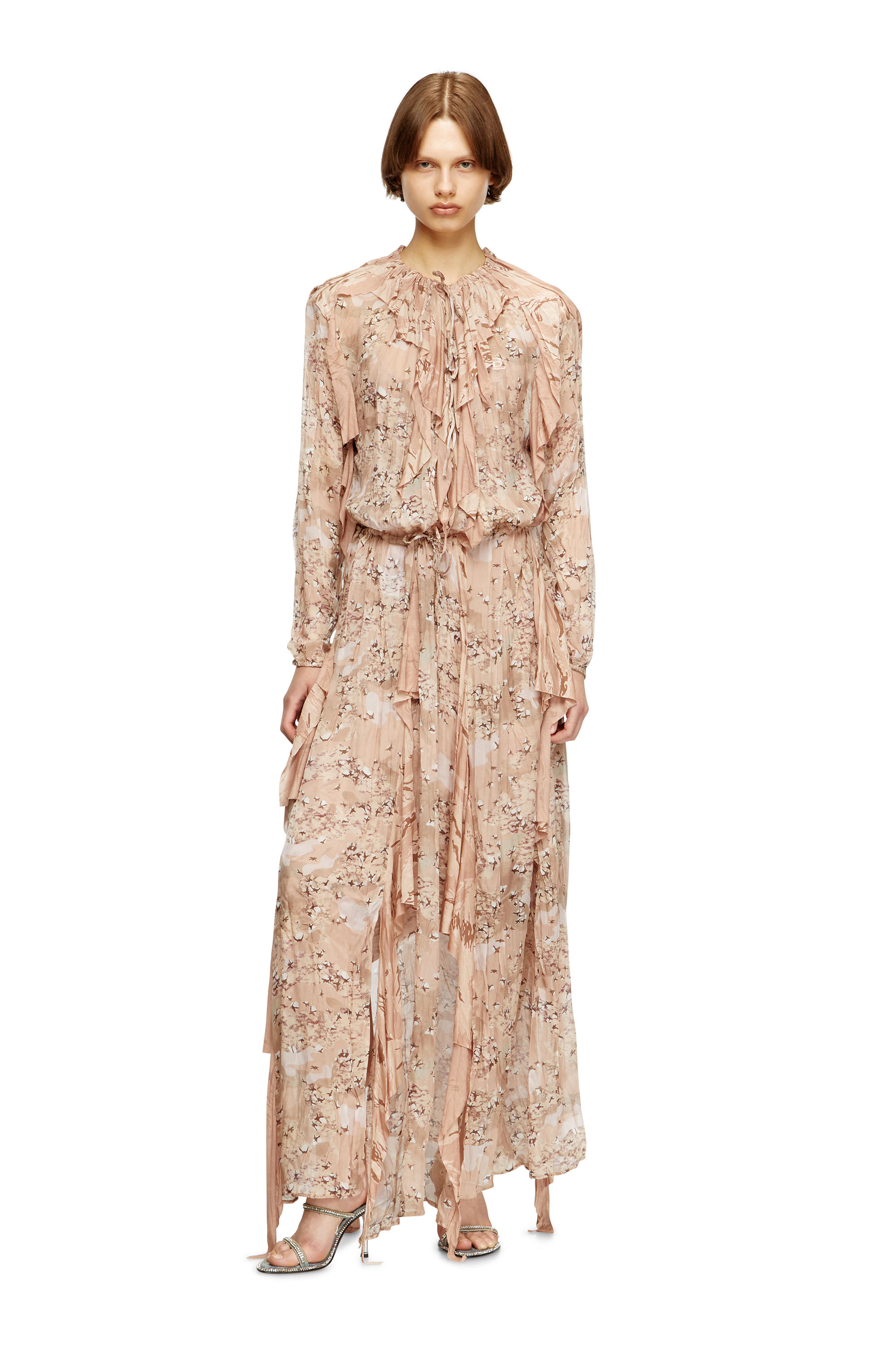 Diesel - D-AZZLING-R1, Woman's Ruffled maxi dress in camo chiffon in Face Powder - 2