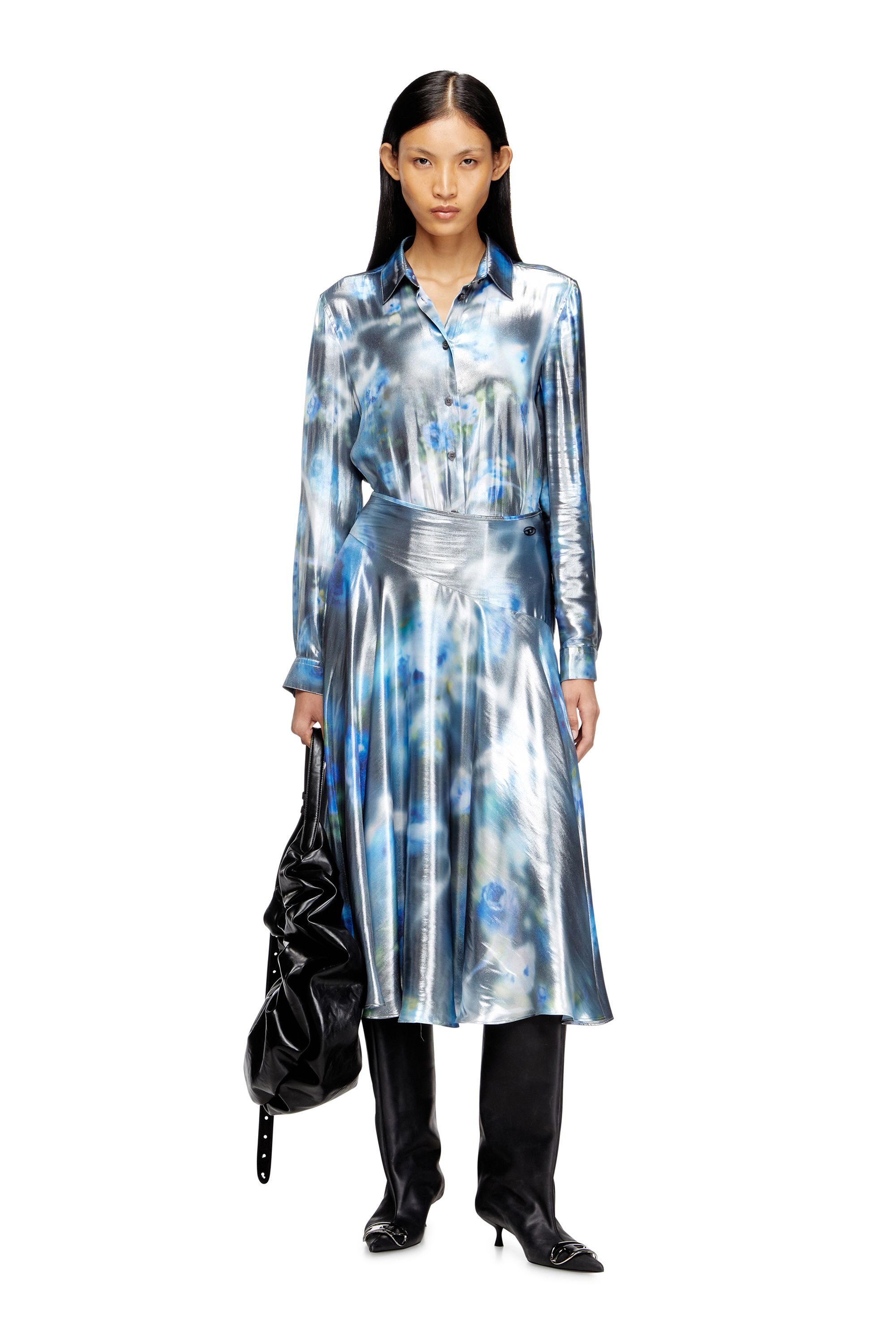Diesel - C-RONOR-S2, Woman's Metallic shirt with blurred roses print in Blue - 1