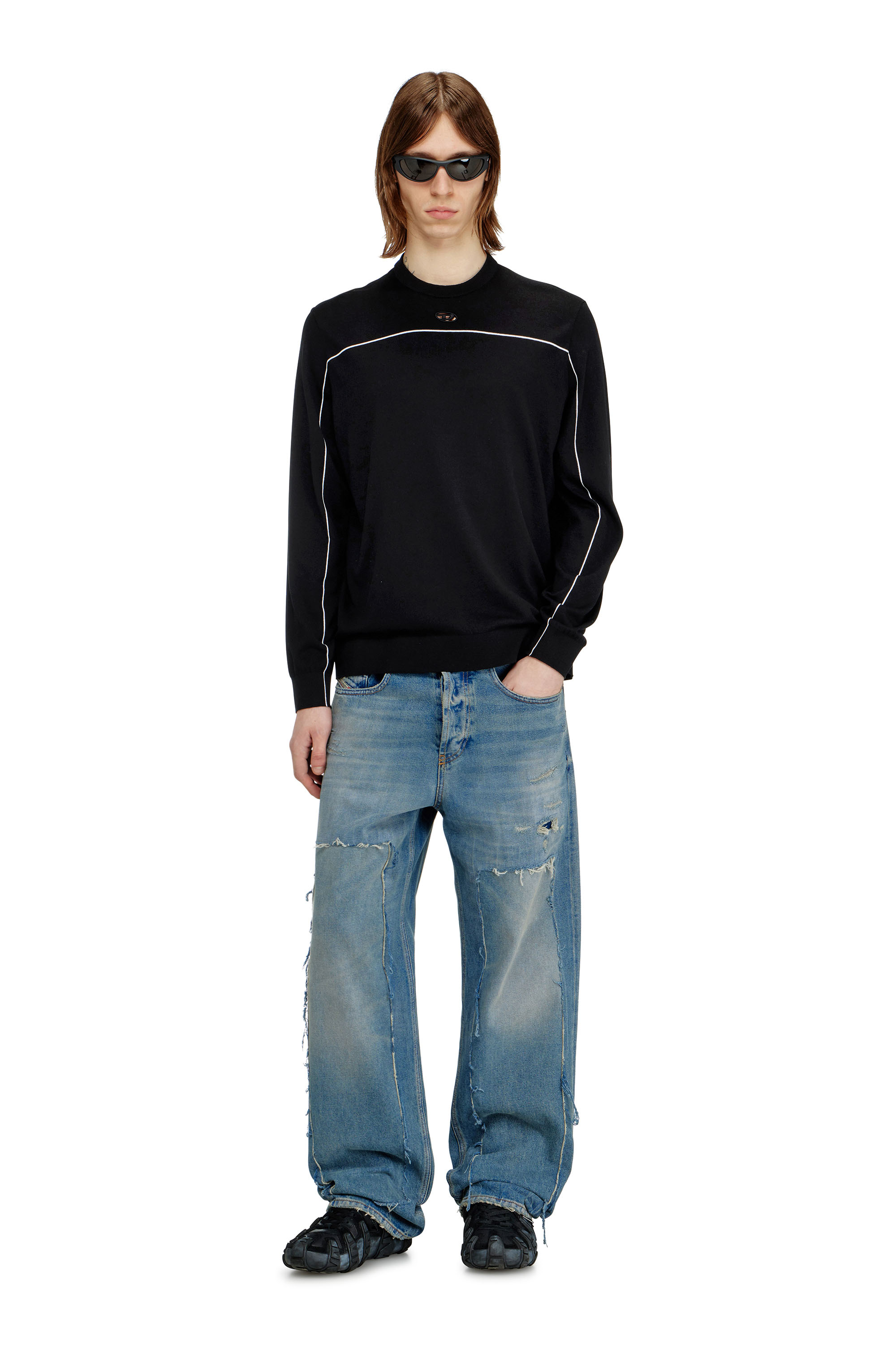 Diesel - K-VERENE, Man's Jumper in silk blend with piping in Black - 1