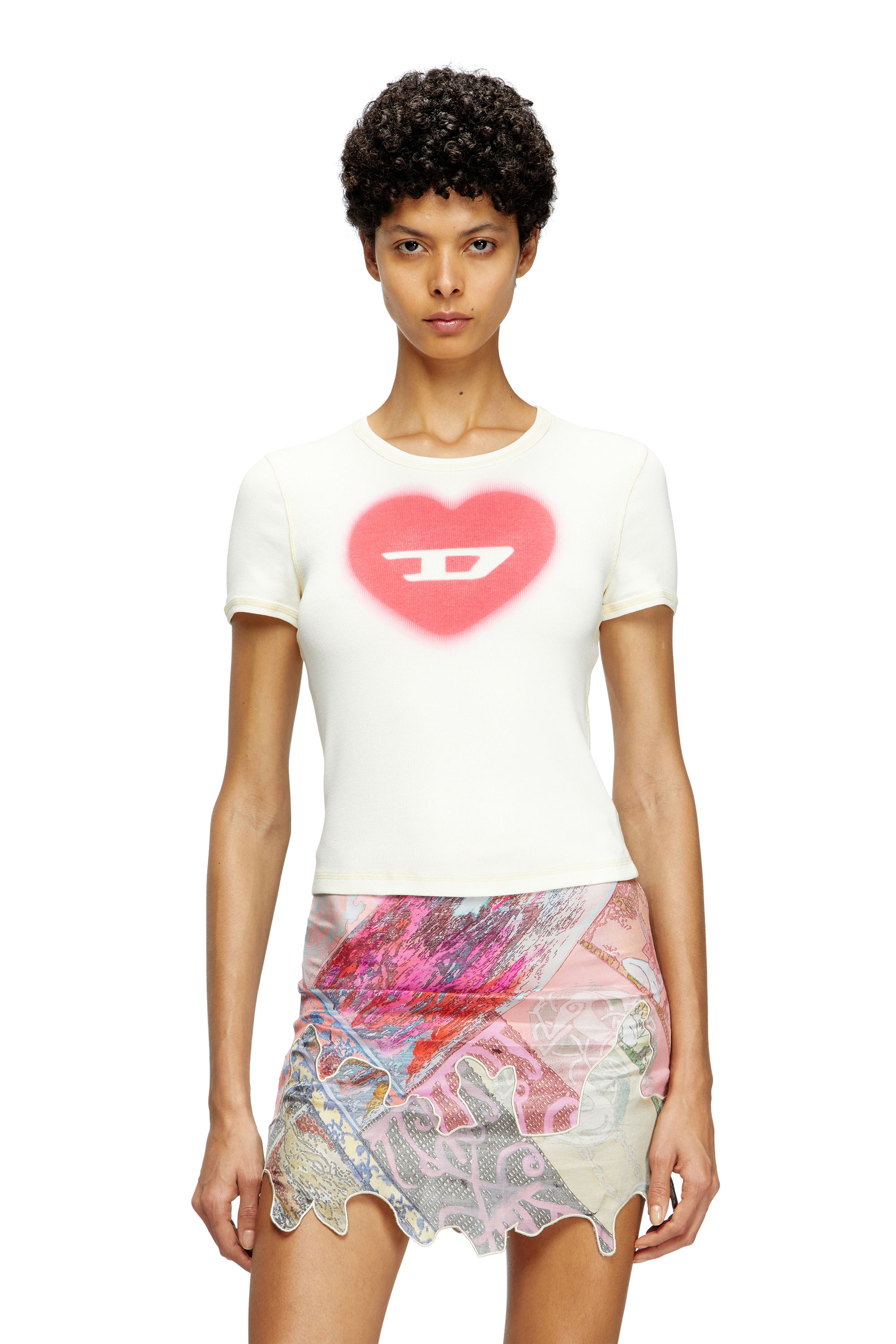 Diesel - T-ELE, Woman's Ribbed T-shirt with watercolour heart D in White - 3