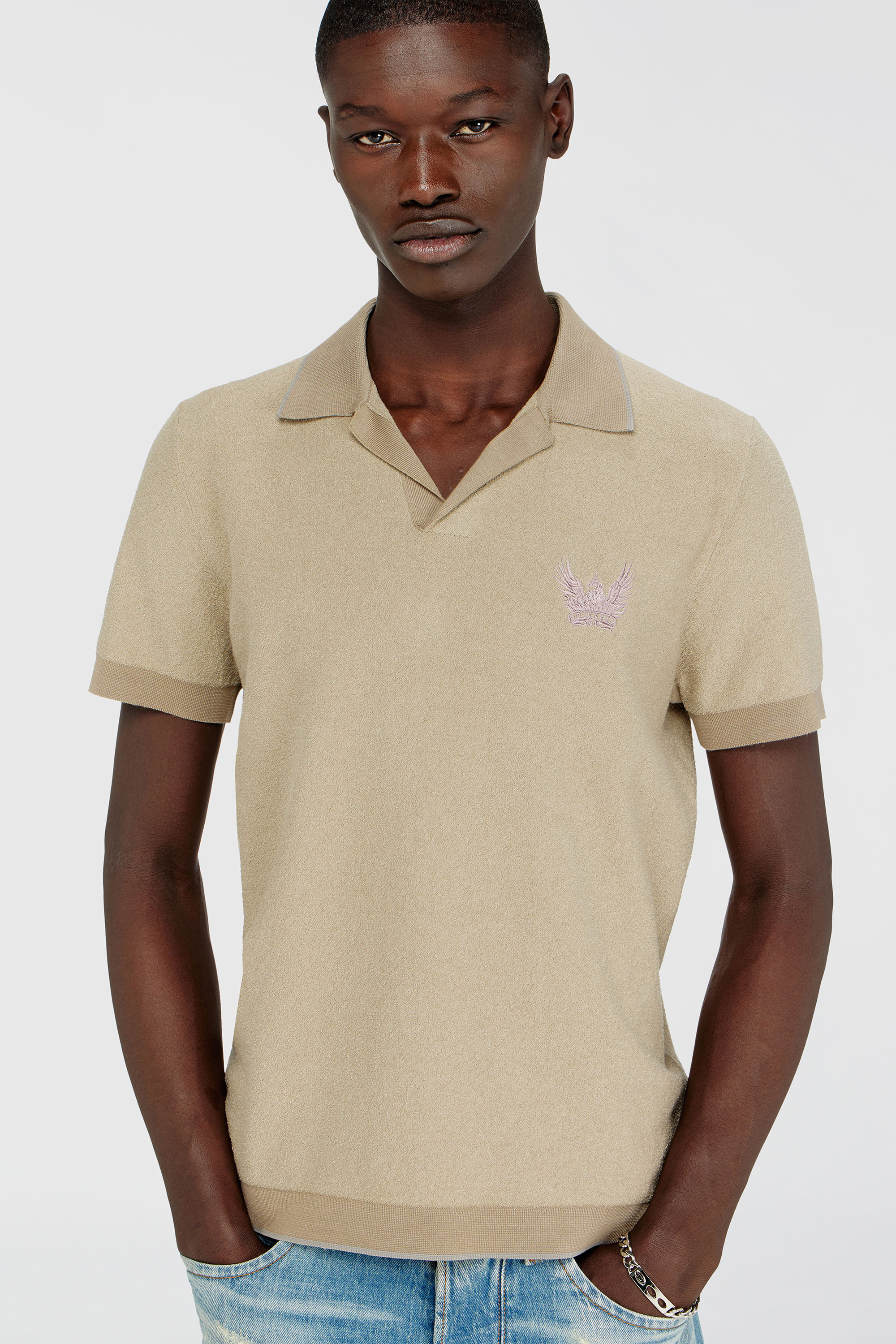 Diesel - K-RAILES, Man's Boucl&eacute;-knit polo shirt with Phoenix logo in Beige - 5